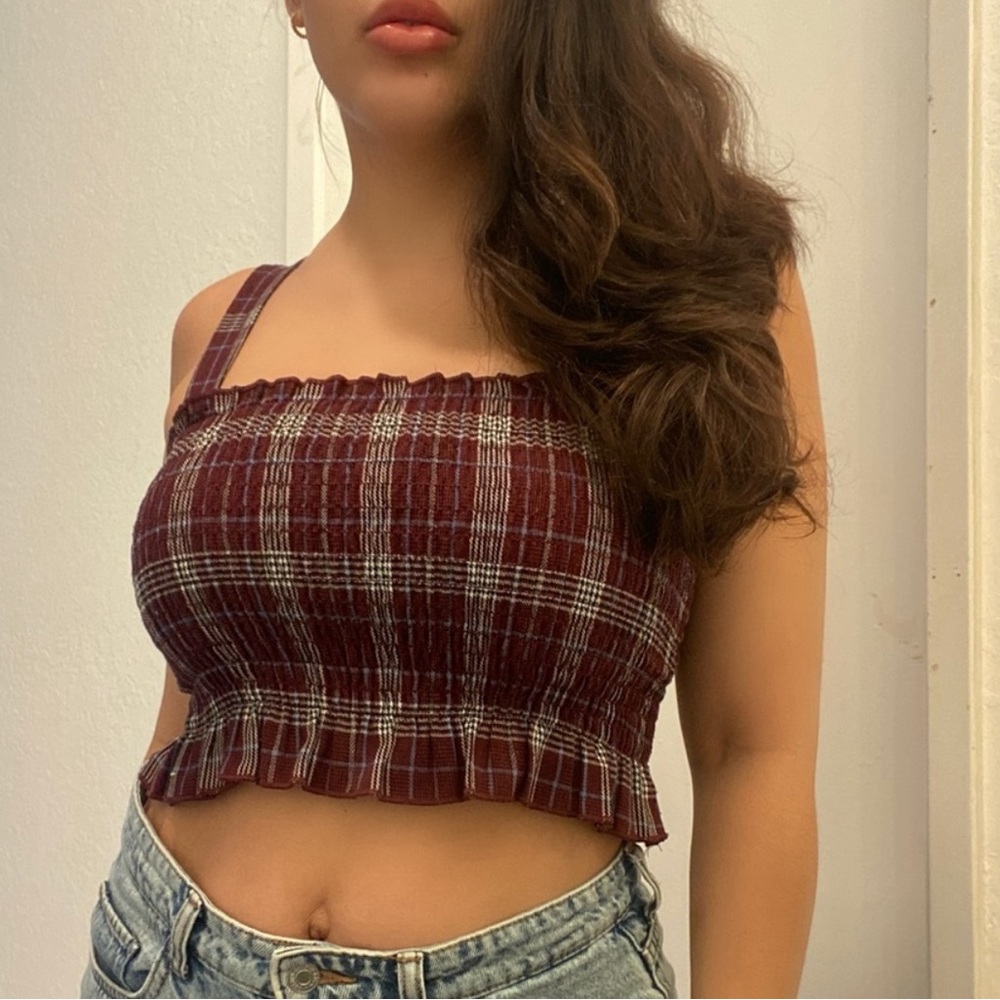 Kendall & Kylie Plaid Smocked Crop Top